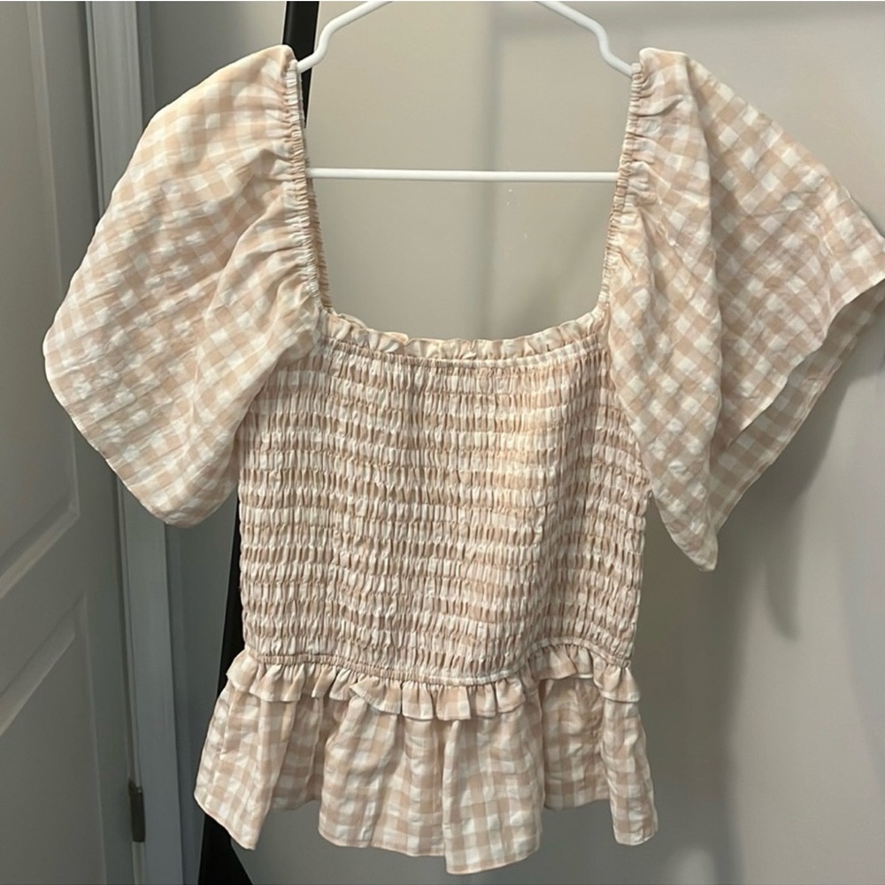 Plaid Smocked Peplum Top - Cream